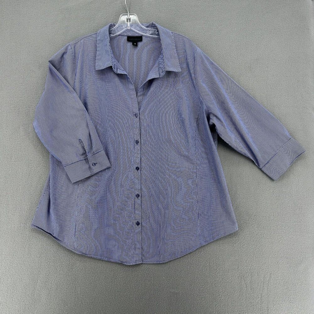 Worthington Button Up Blouse Blue White Pin Stripe Half Sleeve Collar Womens 1X